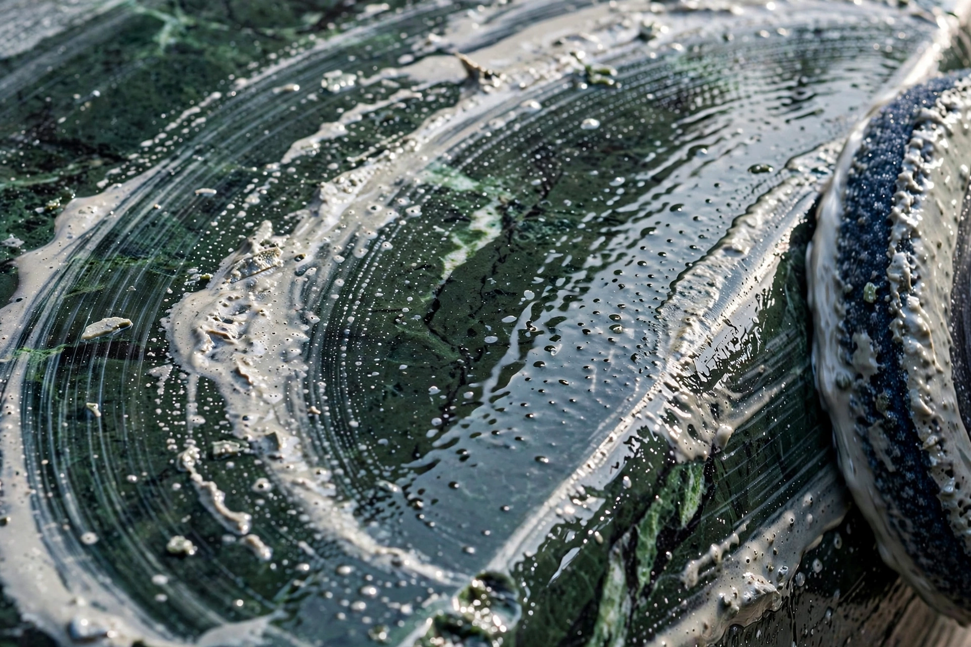 A stone polishing pass on green marble, slurry and sheen