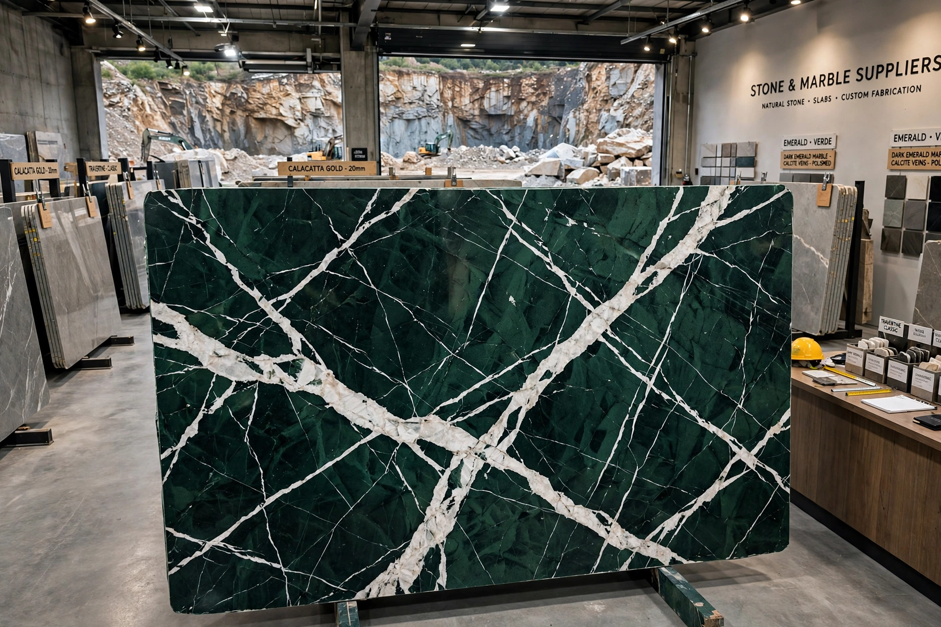 Green marble slab with white calcite veins