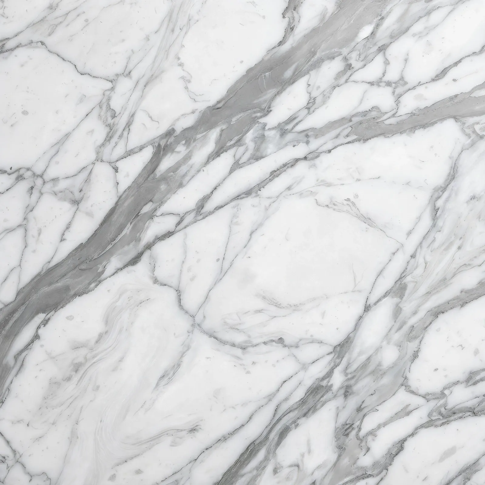 Polished Carrara marble with dramatic grey veining, mirror gloss