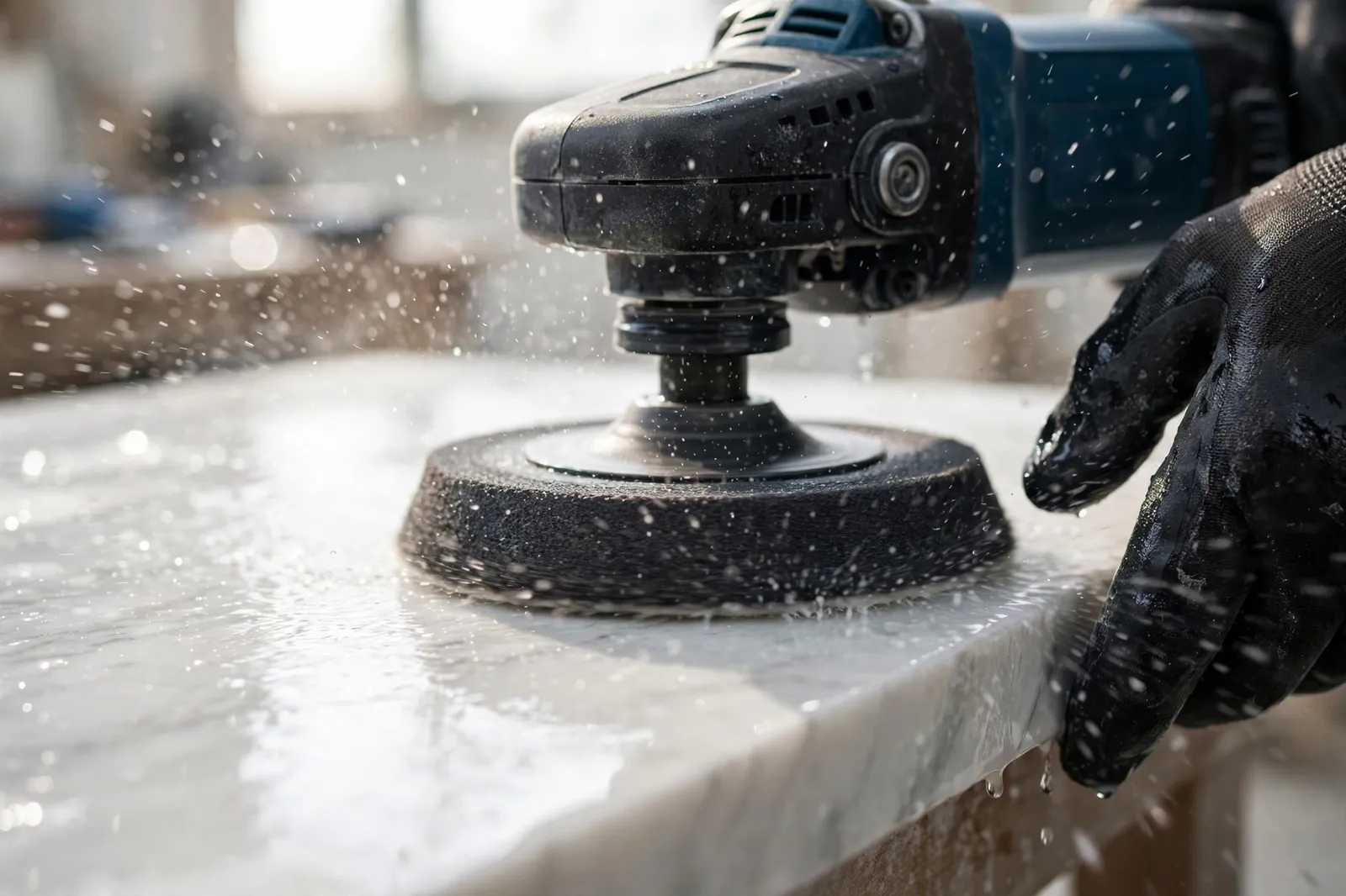 Rotary polisher bringing white marble to a wet mirror shine
